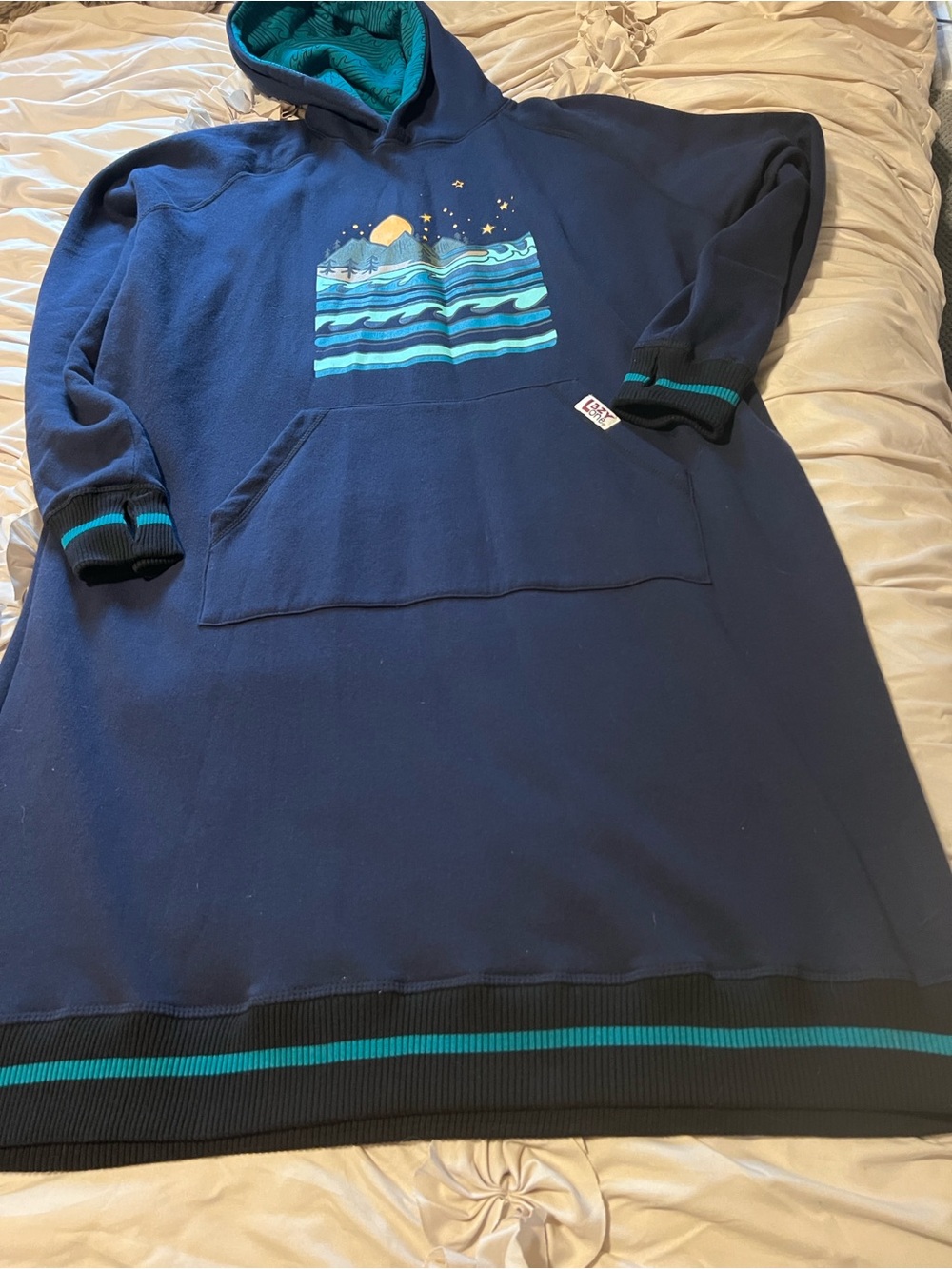 Lazy One Navy Pajama with Teal Lined Hood and Ocean Scene Graphic